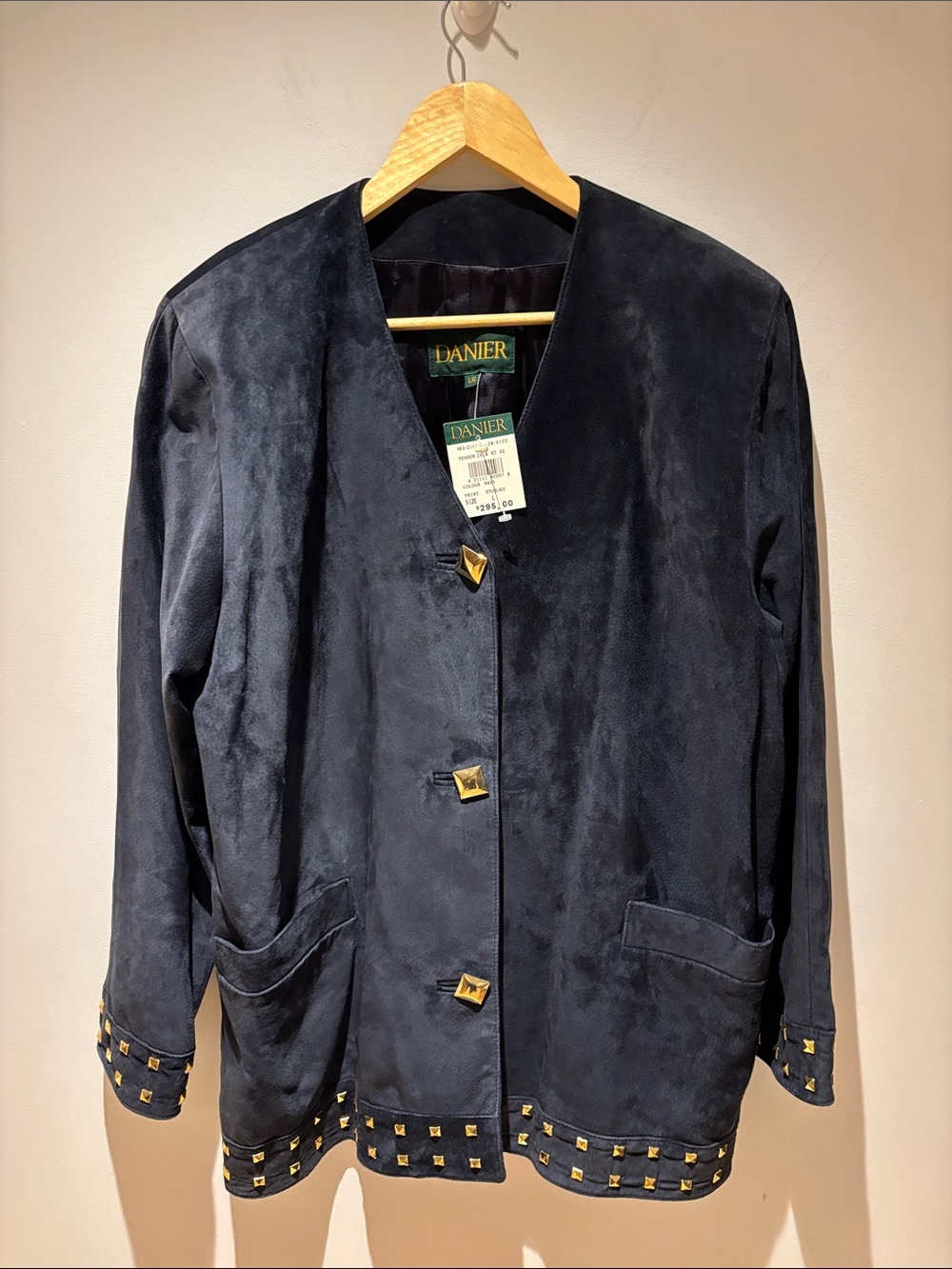 Vintage Danier Deadstock Navy Suede Blazer with Gold Stud Detailing